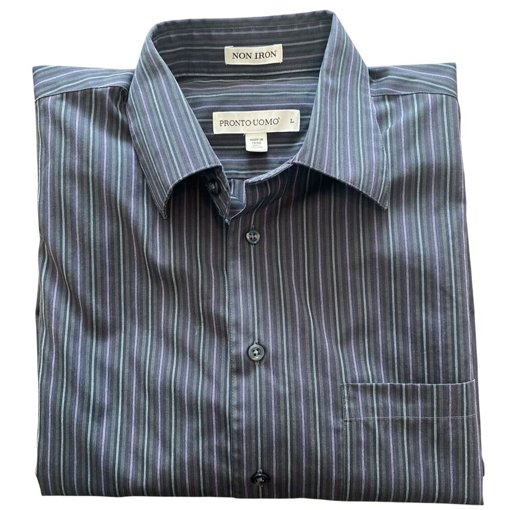 Pronto Uomo Non Iron Black Purple Striped Button Up Dress Shirt Size L Large